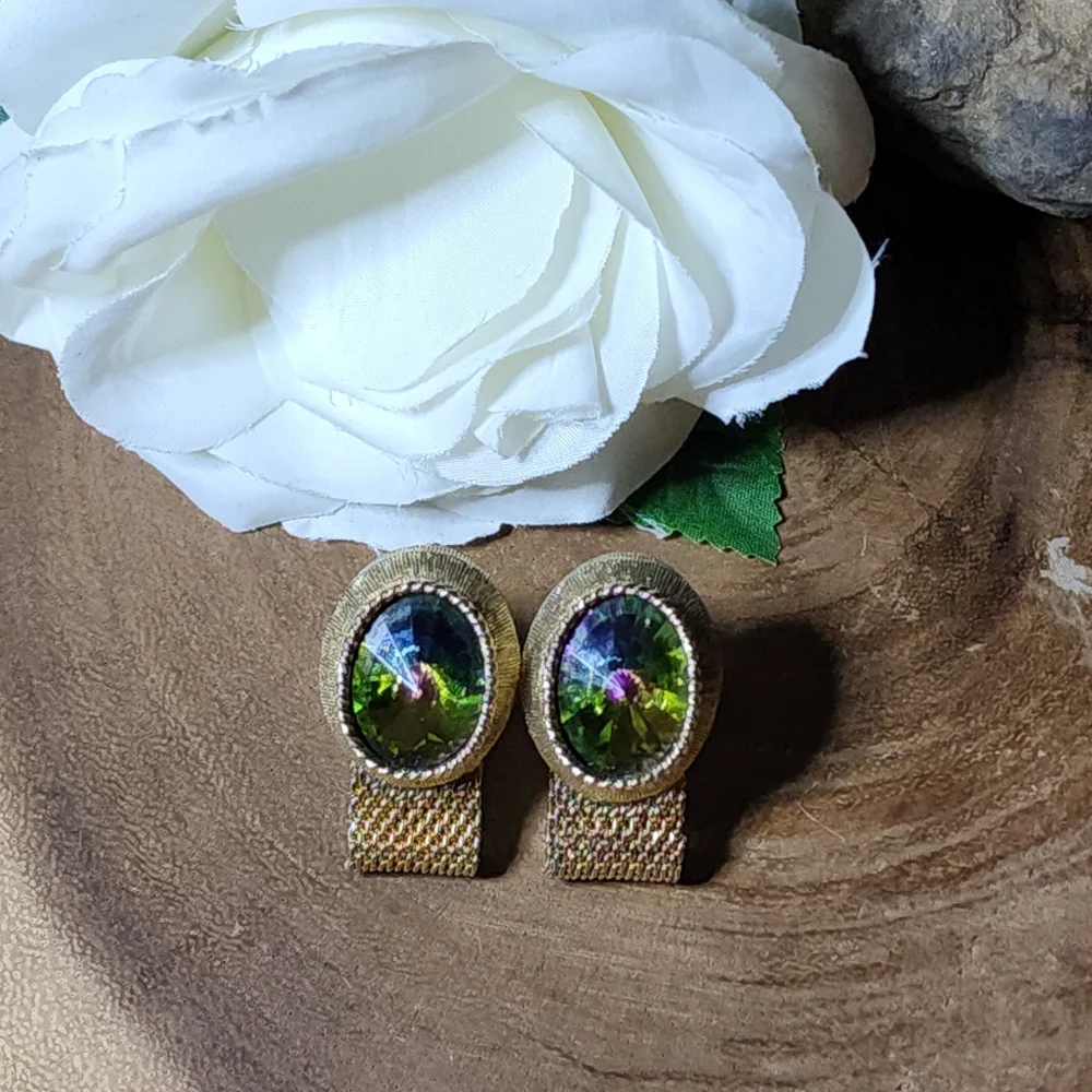 Vintage RARE Gold Tone Mesh Wrap Cufflinks Watermelon Glass Rivoli Gemstones